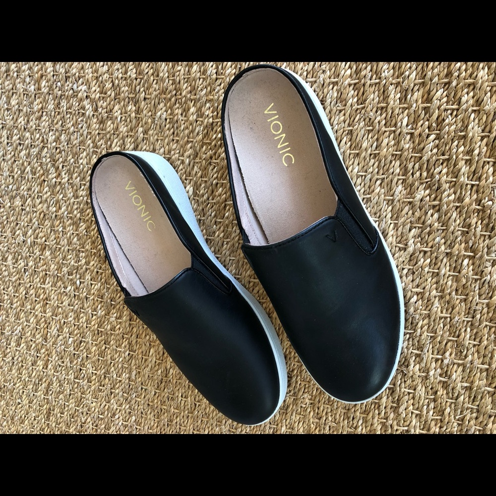 Vionic Black Leather Slip On Shoes